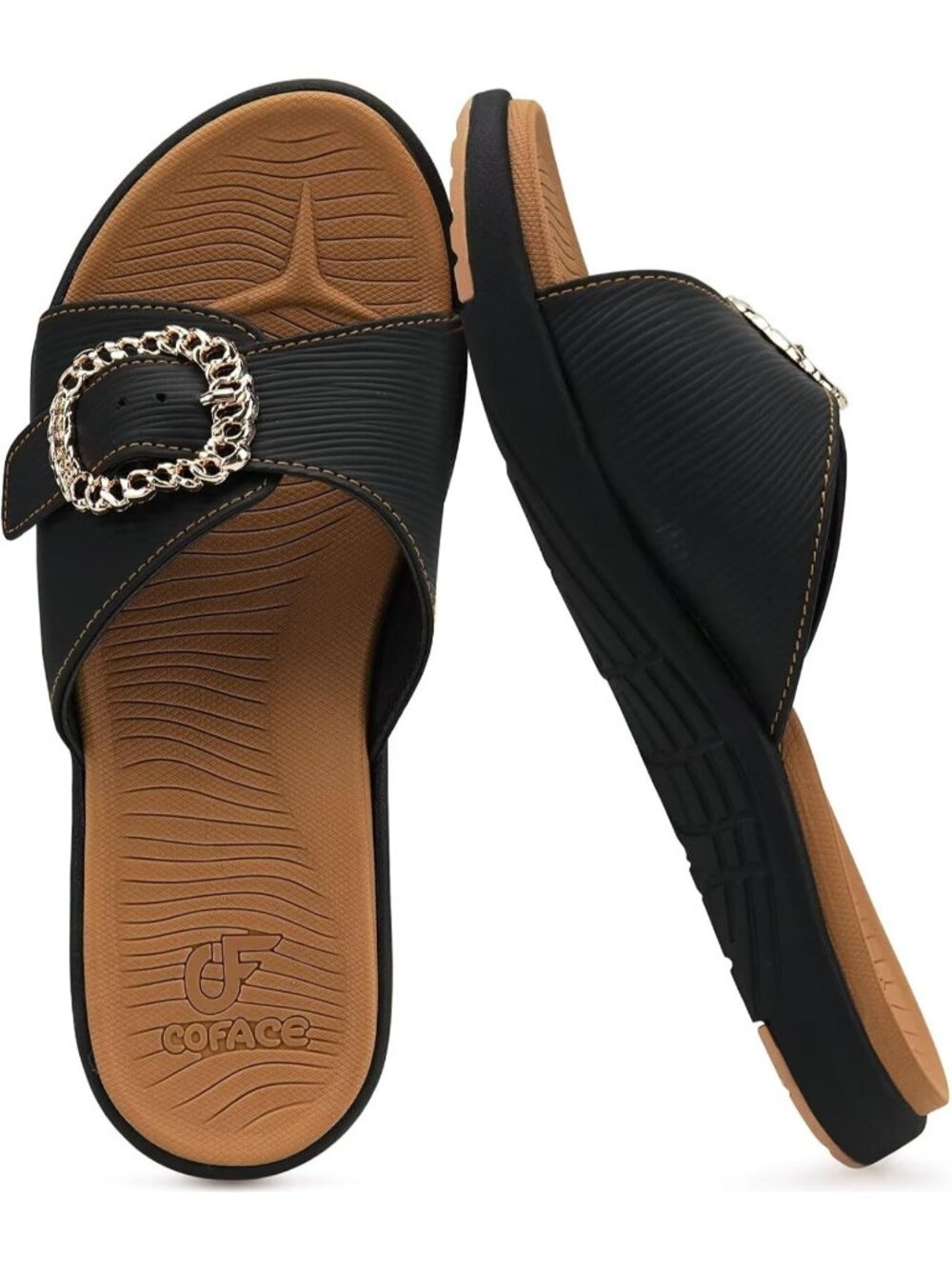 Women's Black Brown Orthotic Slides Lightweight Yoga Mat Thick Cushion Walking